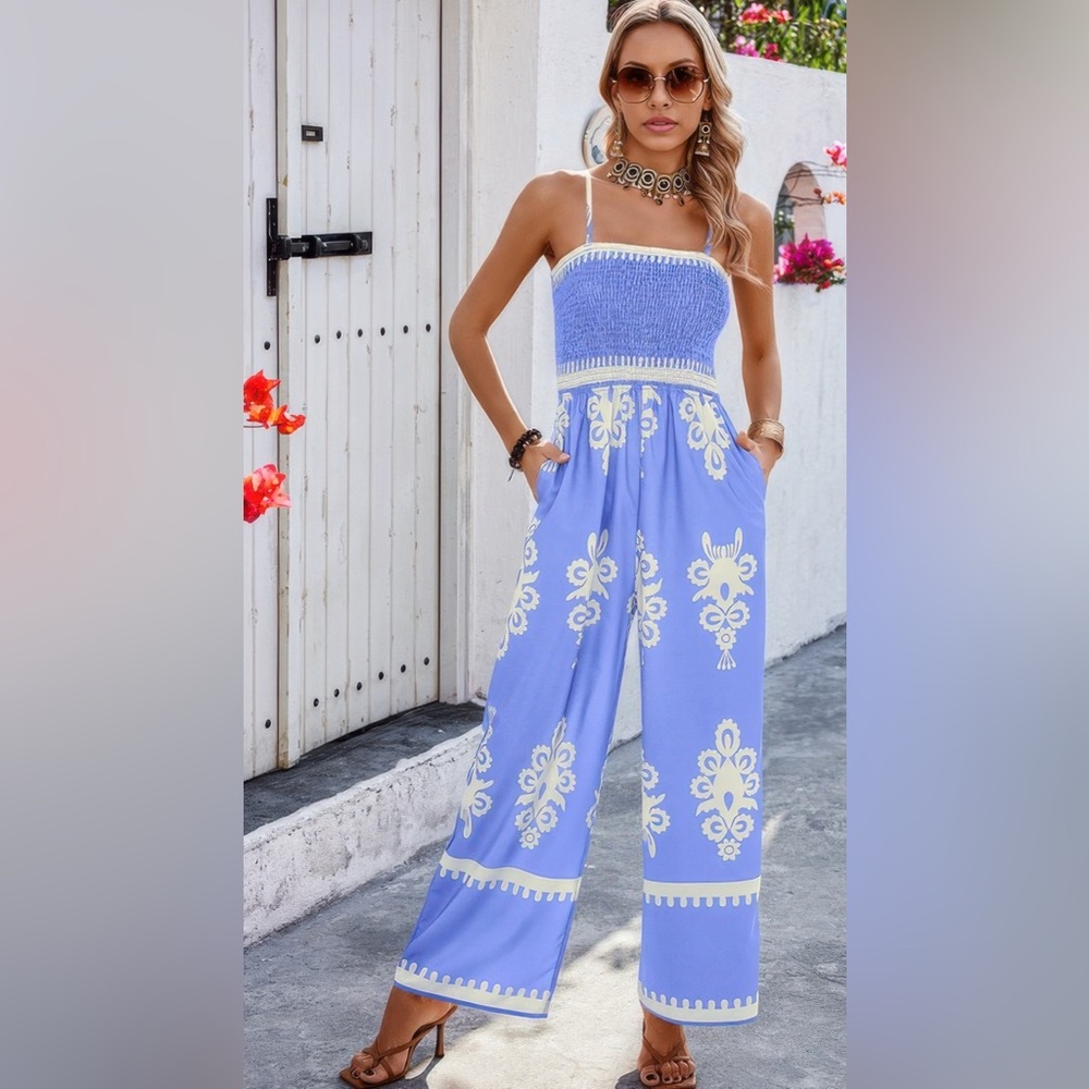 Geo print off shoulder high waist fit jumpsuit luxury women’s top seller sky